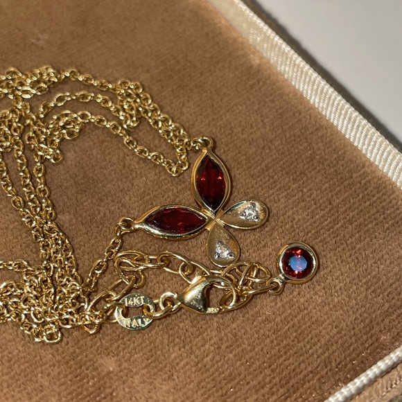 Solid Stamped 14K Yellow Gold Italy Natural Garnet & Diamond Butterfly Necklace - Picture 8 of 16